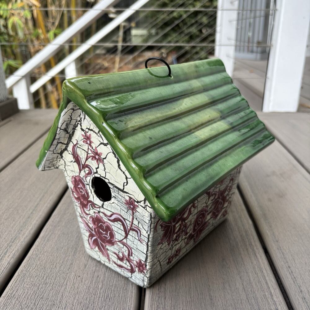 Vintage Pottery Birdhouse Green White Floral Pattern